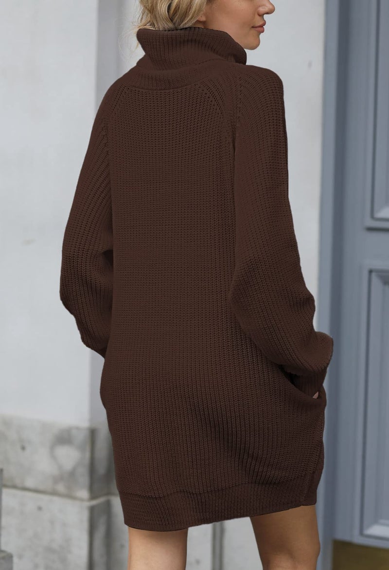 Pink Queen Women's Loose Turtleneck Oversize Long Pullover Sweater Dress Coffee L - Image 3